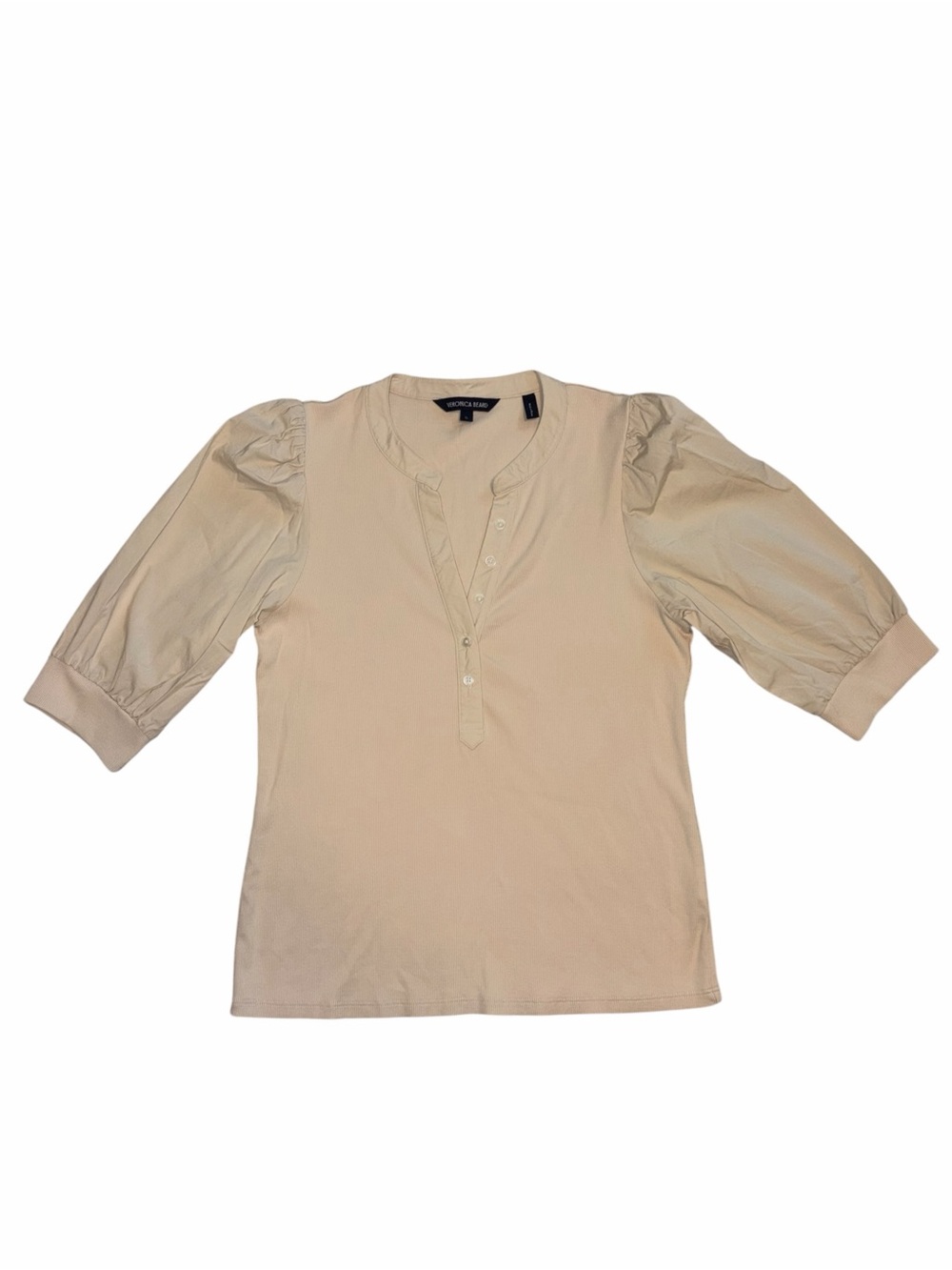 NWOT Veronica Beard Coralee Puff-Sleeve Top Henley Beige XL Normcore Office